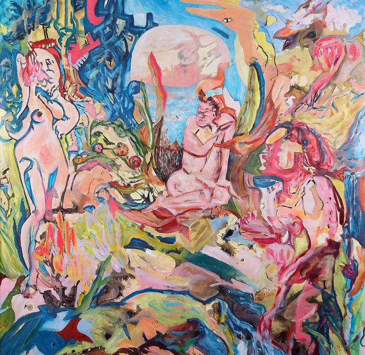 Audrey Néron working on a large-scale painting from the Garden of Delights series, blending classical inspiration with modern techniques in her studio