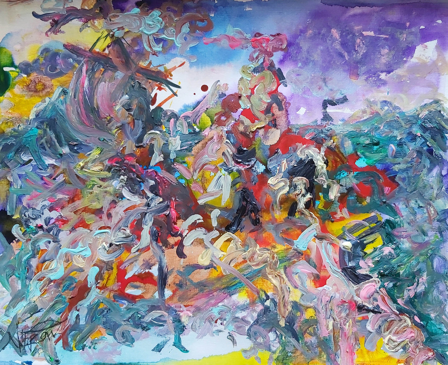 The Raft of the Medusa II by Audrey Néron, abstract contemporary painting with layered textures in blue, red, and pastel tones, evoking human resilience and chaos, acrylic, oil, and China marker on d'Arches paper.
