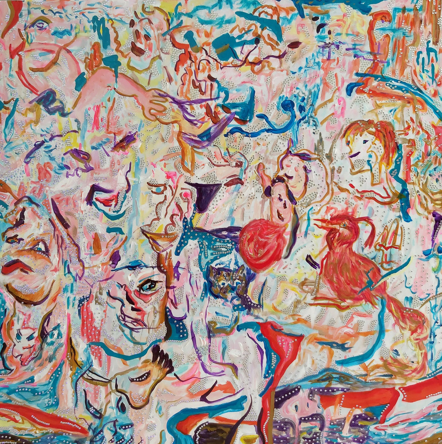 Disco Baume" (2025) by Audrey Néron, a vibrant and immersive artwork in acrylic and rhinestones on canvas (91.44 x 91.44 cm | 36 x 36 inches). Blending abstraction and figuration, human and animal forms emerge in a whirlwind of colors and shimmering textures. This dynamic piece, inspired by music and the energy of movement, belongs to the Garden of Delights series.