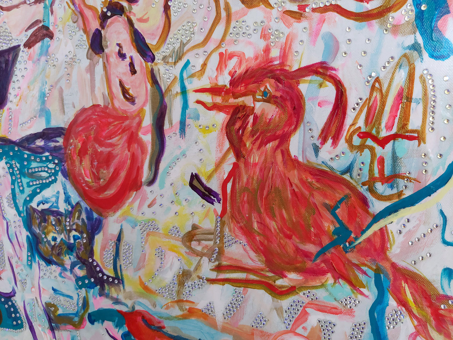 Close-up of "Disco Baume" (2025) by Audrey Néron. This section highlights a vivid red bird-like figure emerging amidst swirling abstract forms, alongside a playful face and intricate rhinestone embellishments. The composition captures movement, emotion, and a sense of fluid transformation, characteristic of the Garden of Delights series.