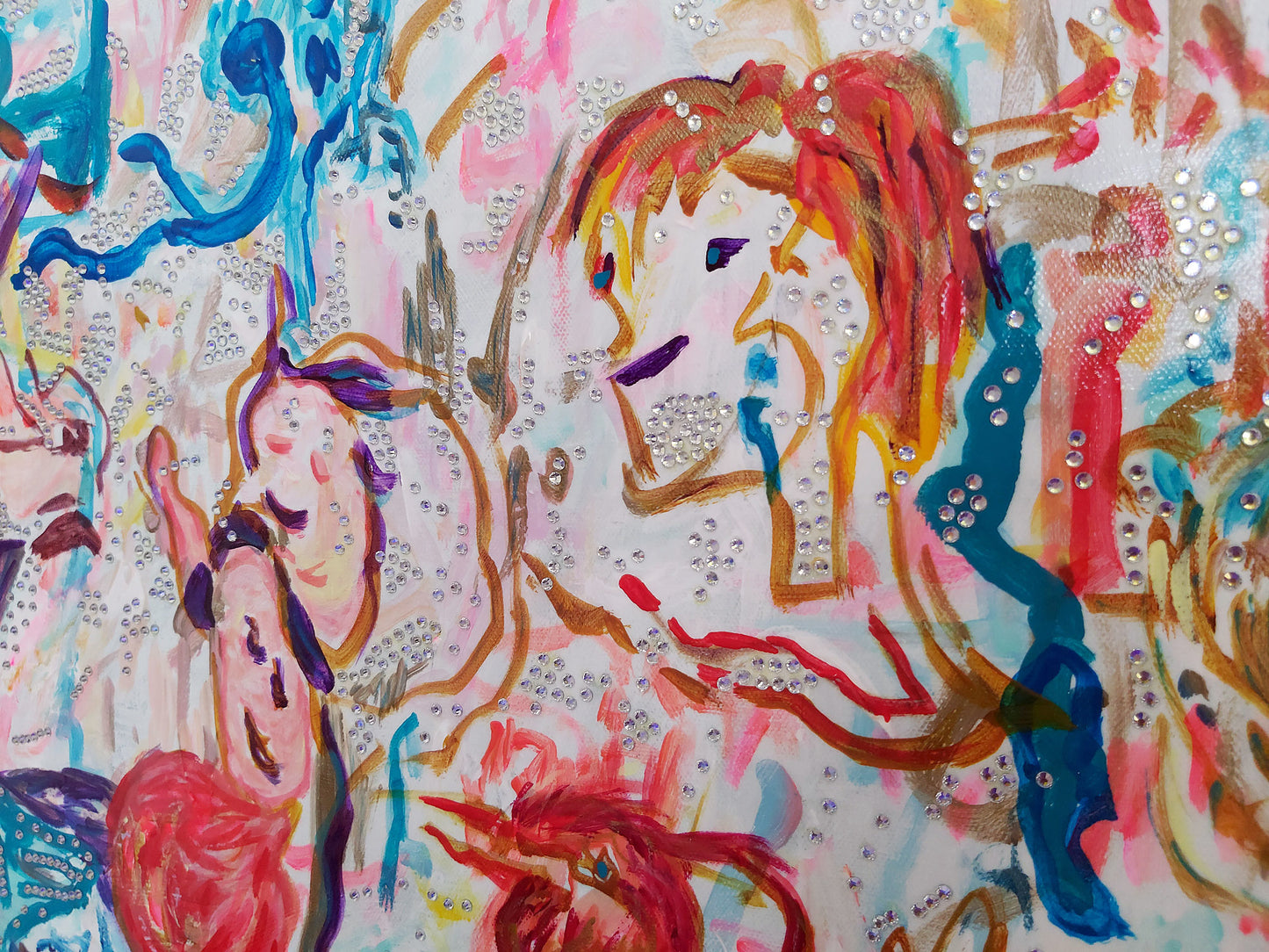Close-up of "Disco Baume" (2025) by Audrey Néron. This detailed view reveals expressive abstract faces intertwined with dynamic brushstrokes and sparkling rhinestones. Vivid colors and fluid lines create a layered, dreamlike composition that evokes movement, energy, and emotion, characteristic of the Garden of Delights series.