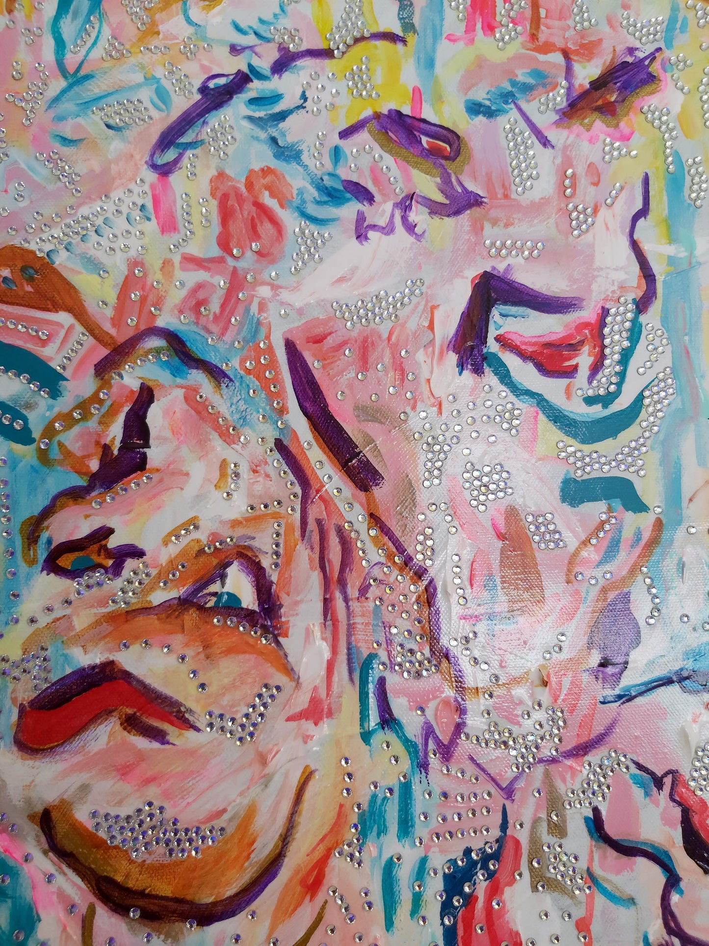 Close-up of "Disco Baume" (2025) by Audrey Néron. This detail reveals the intricate interplay of acrylic paint and shimmering rhinestones on canvas, creating a dynamic surface where abstract forms and expressive faces emerge. Vivid colors and layered textures evoke movement, rhythm, and a dreamlike energy from the Garden of Delights series.