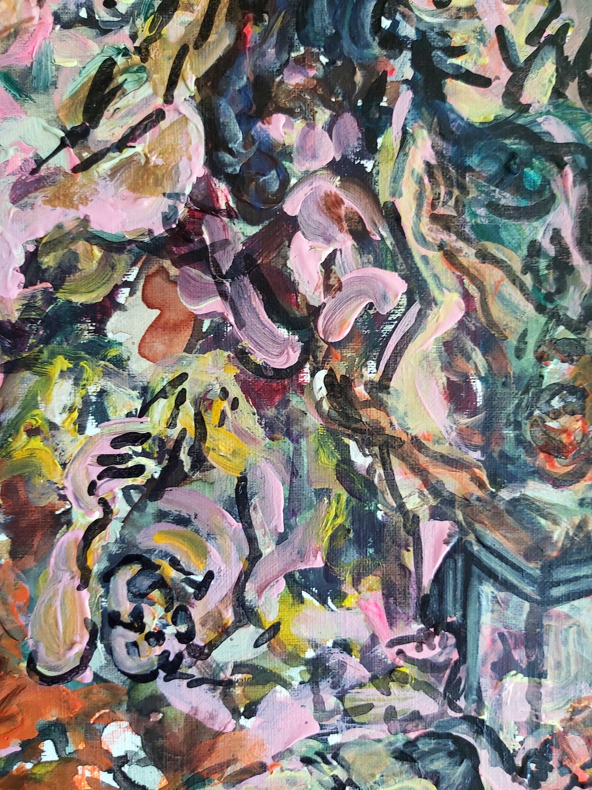Detail from 'Bellum Deorum' by Audrey Néron (2022) – expressive brushstrokes and intertwined figures in a mythological battle scene, painted in vivid pinks, greens, and earthy tones.