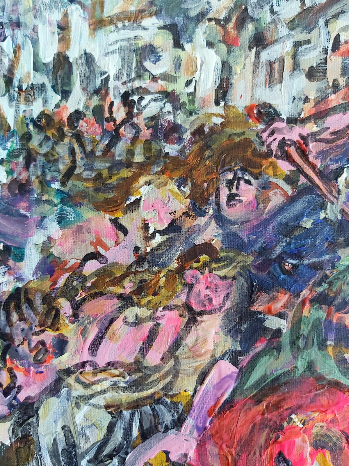 Detail of “Bellum Deorum” (2022) by Audrey Néron, depicting a dense mythological scene with a central figure holding a staff and a blurred architectural backdrop, painted in whites, browns, pinks, and greens.
