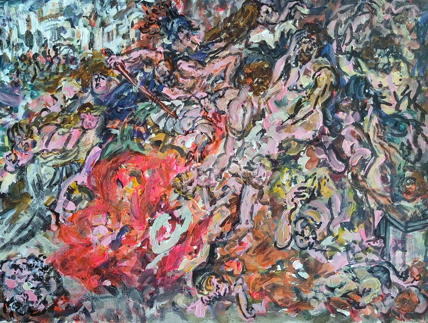 Bellum Deorum, 2022, altarpiece-style painting by Audrey Néron from the Humans Landscape series, featuring a chaotic mythological battle scene with expressive brushstrokes in red, pink, and earthy tones on paper mounted on wood.