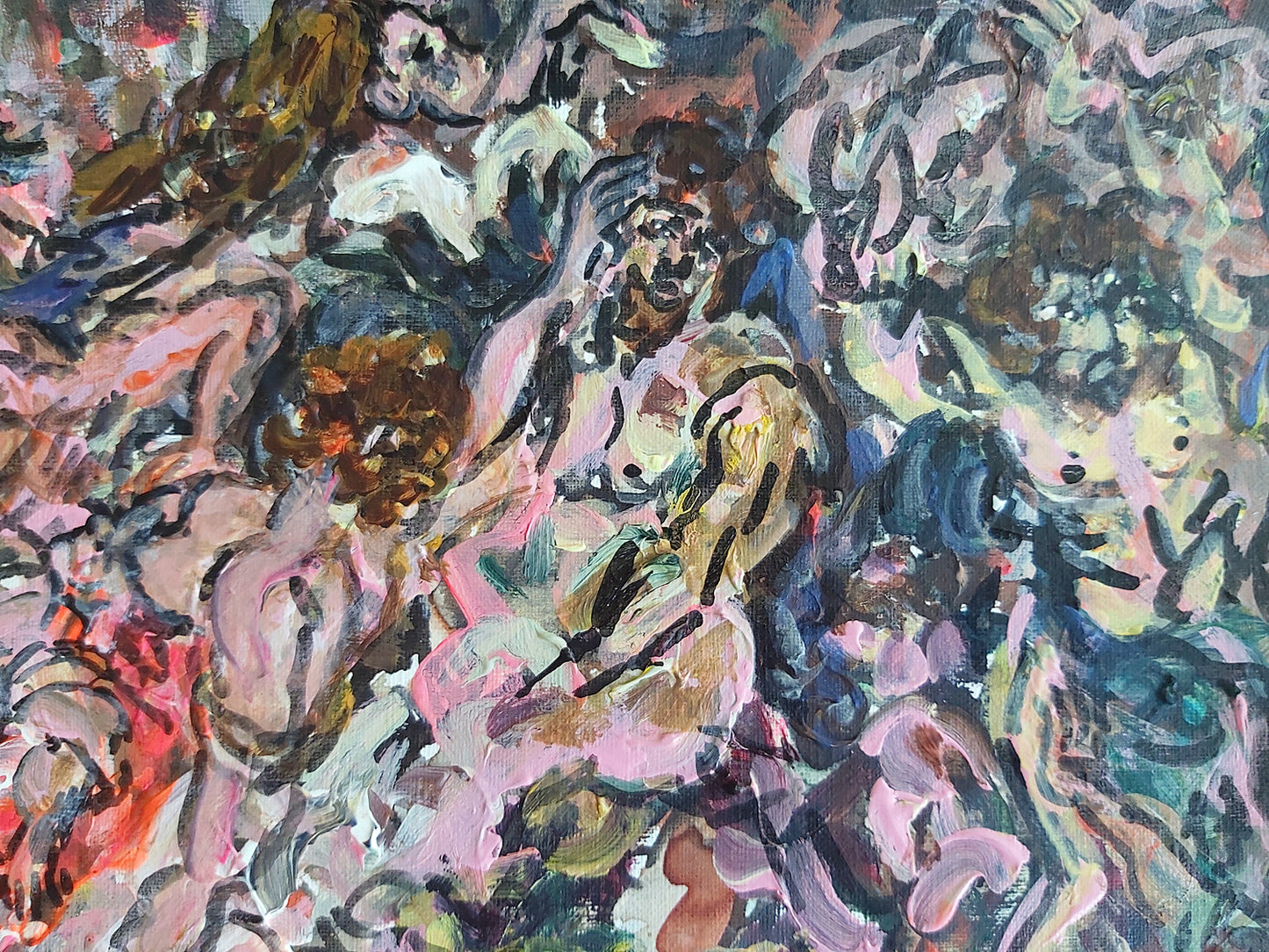 Close-up of Audrey Néron’s 2022 artwork “Bellum Deorum,” depicting intertwined human figures in an expressive swirl of pink, brown, blue, and black tones, evoking a mythological battle scene.