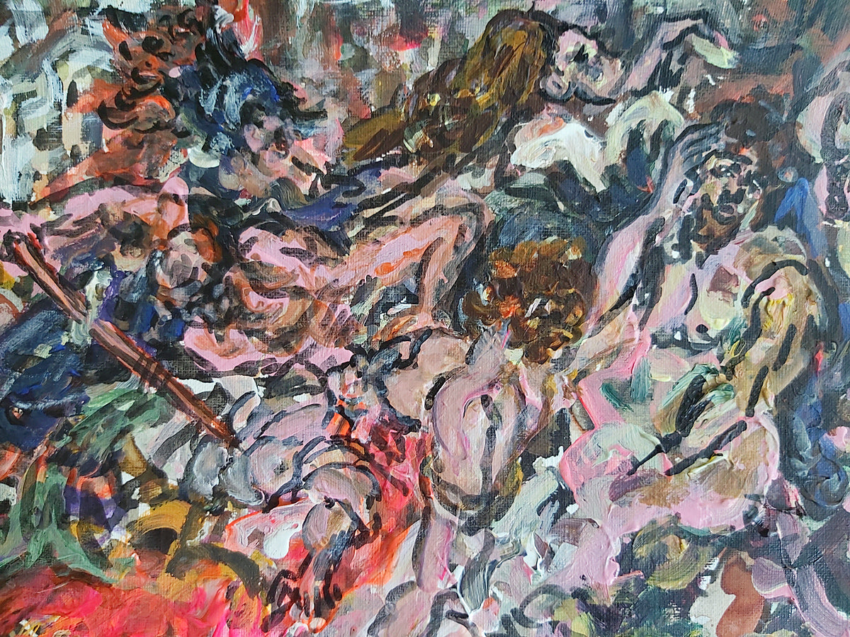 Close-up of "Bellum Deorum" (2022) by Audrey Néron – expressive brushstrokes depicting intertwined mythological figures in vibrant pinks, browns, and blues, evoking classical battle scenes and divine chaos.