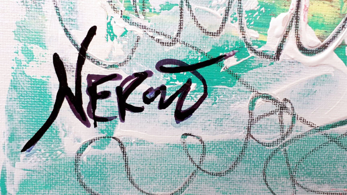 Detail of the artist’s signature from Creativity Killer, 2019, by Audrey Néron. A personal touch on a mixed media artwork that symbolizes the challenges to creativity and innovation.