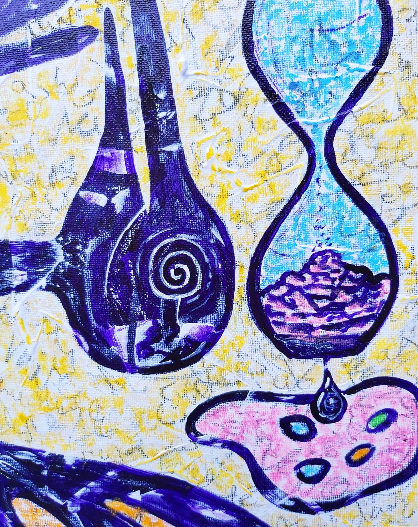 Detail of a raven's head from Chronos, 2020, by Audrey Néron. A mixed media abstract artwork showcasing symbolic motifs of time, nature, and mortality with rich textures and vibrant purples.