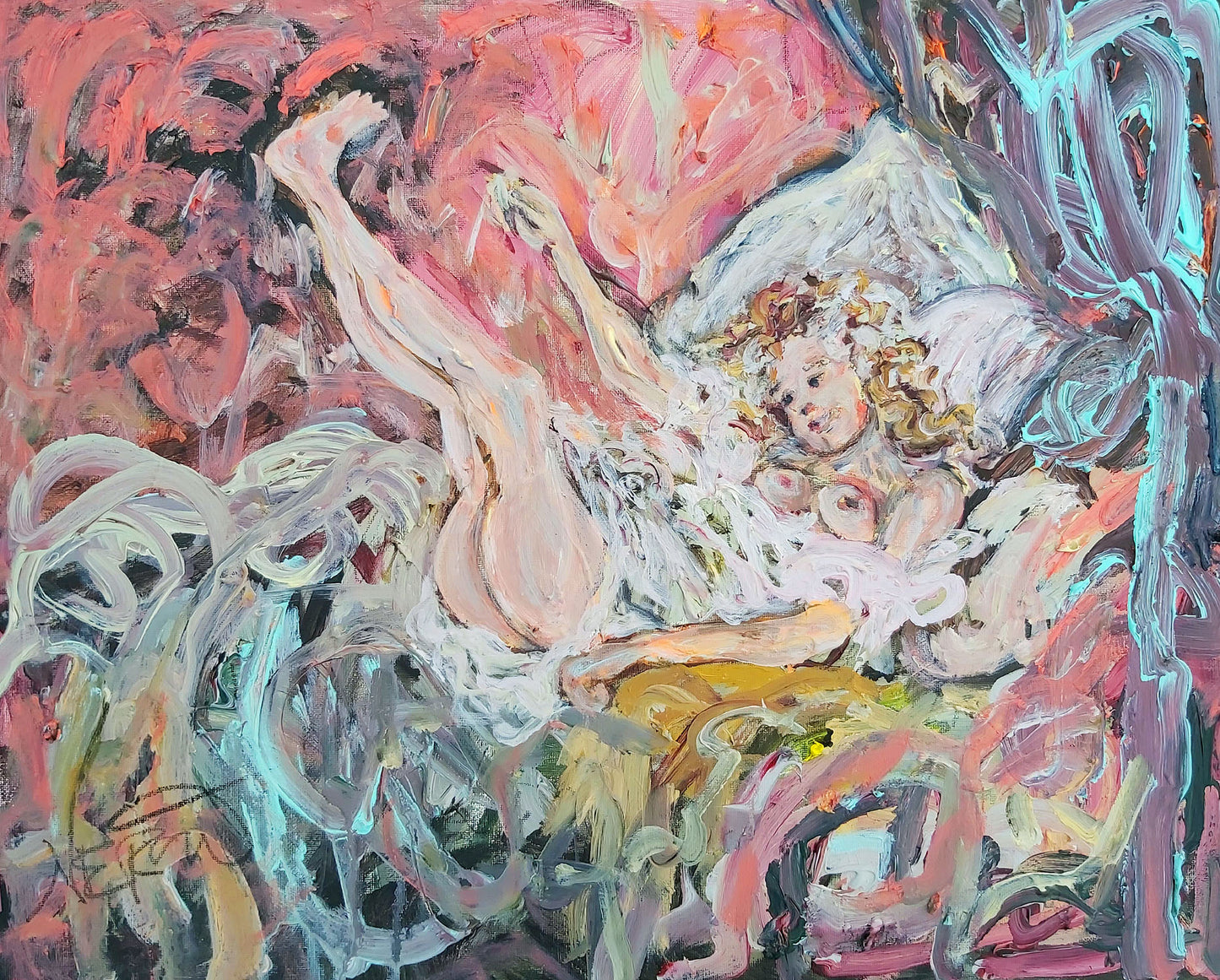 Dreamyher" by Audrey Néron, 2021. A vibrant mixed-media painting featuring a reclining female figure surrounded by swirling brushstrokes in shades of pink, white, and teal. The composition blends soft textures and fluid lines, evoking a dreamlike Rococo-inspired atmosphere. Part of the "Humans Landscape" series, this artwork reinterprets classic themes with a modern, abstract twist.