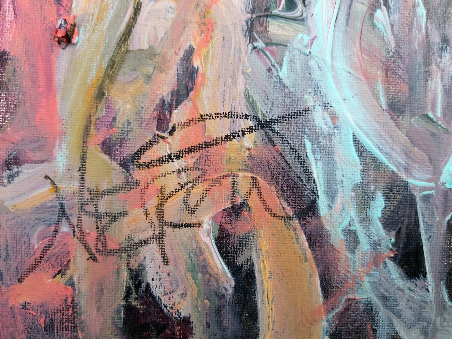 Close-up detail of the artist Audrey Néron's signature on the artwork "Dreamyher" (2021). The signature is elegantly placed at the bottom corner, blending harmoniously with the vibrant and textured brushstrokes of the composition.