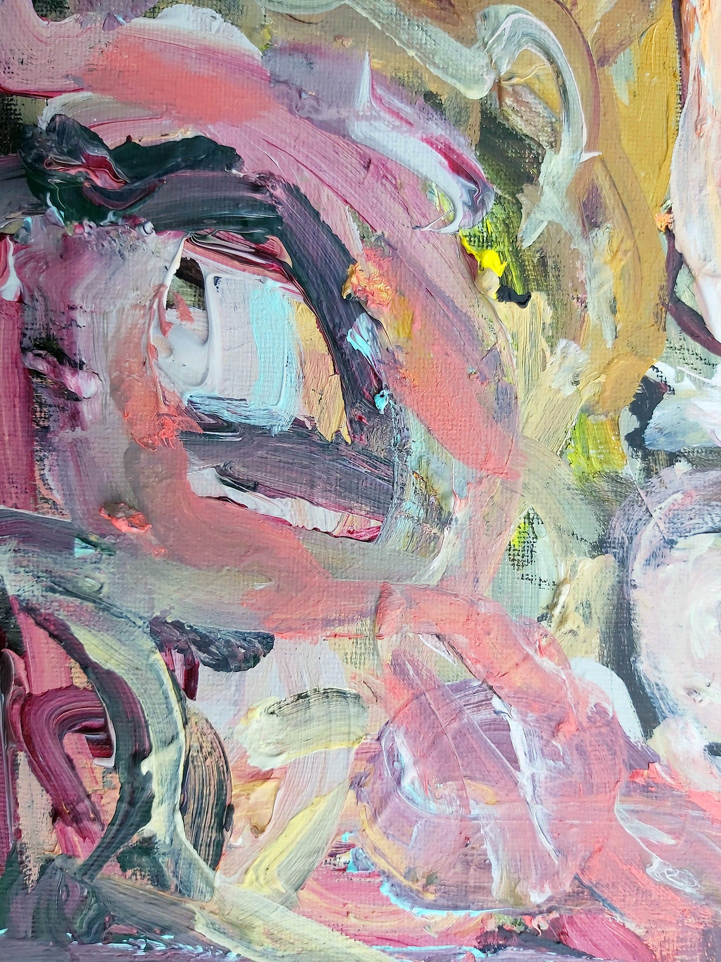 Close-up detail showcasing the textured brushstrokes in Audrey Néron's "Dreamyher" (2021). The intricate layers of pink, white, yellow, and earthy tones highlight the dynamic movement and depth of the mixed-media composition, creating a tactile and immersive visual experience.