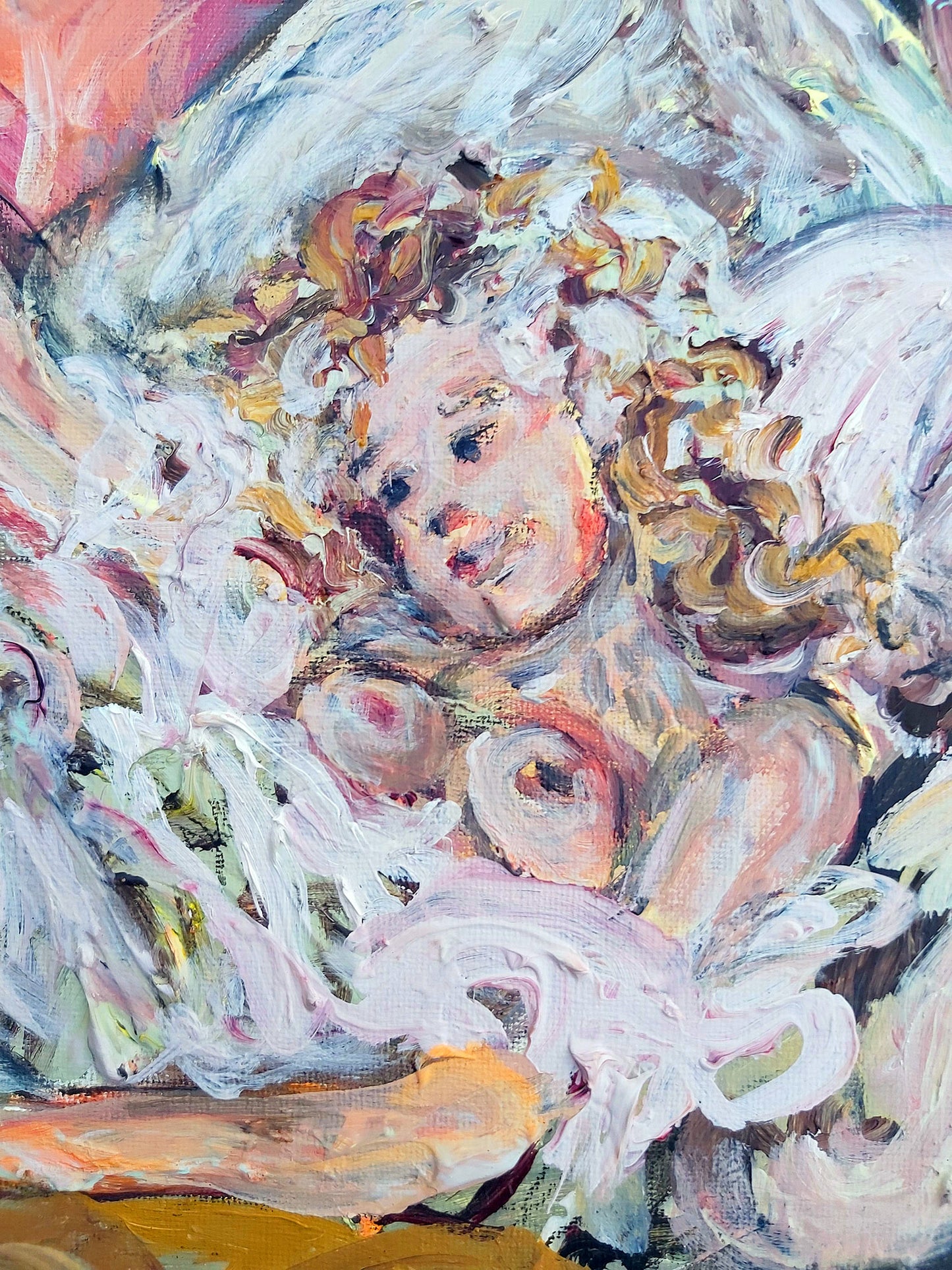 Close-up detail of the main character in an intimate scene from Audrey Néron's "Dreamyher" (2021). The delicate brushstrokes capture her dreamy expression, with soft tones of pink, white, and gold highlighting her ethereal presence as she contemplates in a romantic and sensual setting.