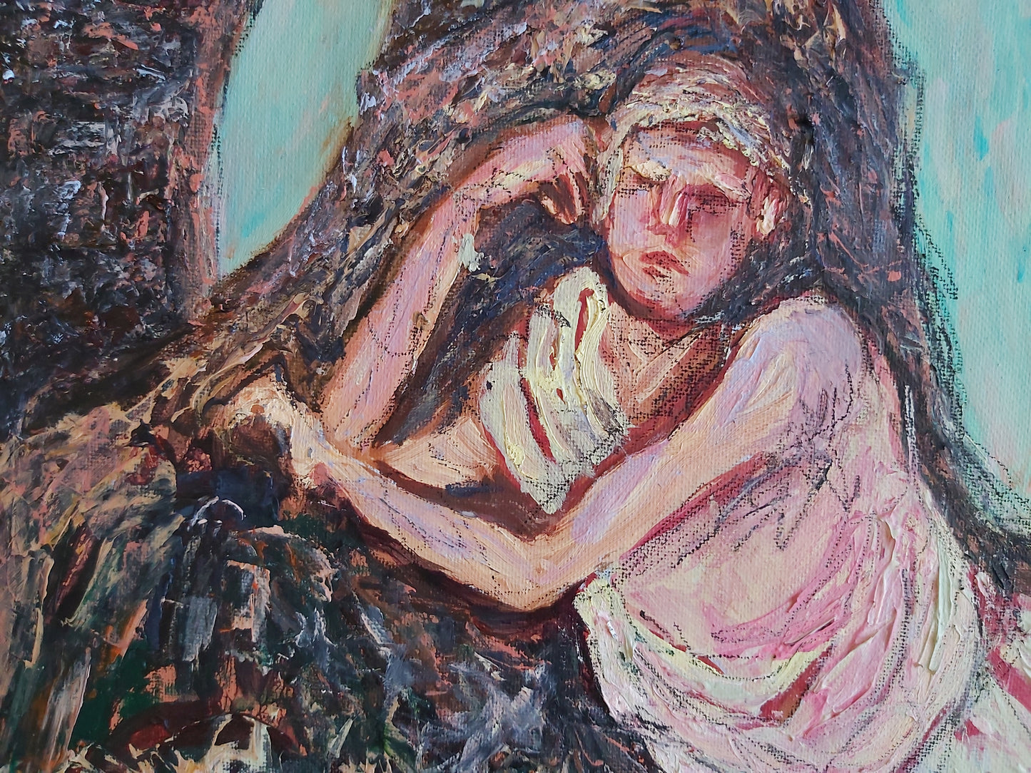 Close-up of Echo from Eco Flush Narcissus, 2023, by Audrey Néron. Echo is depicted in soft, abstract tones, symbolizing her emotional liberation from unrequited love. Her figure blends into the vibrant background, with flowing textures and delicate strokes emphasizing her transition from longing to independence.