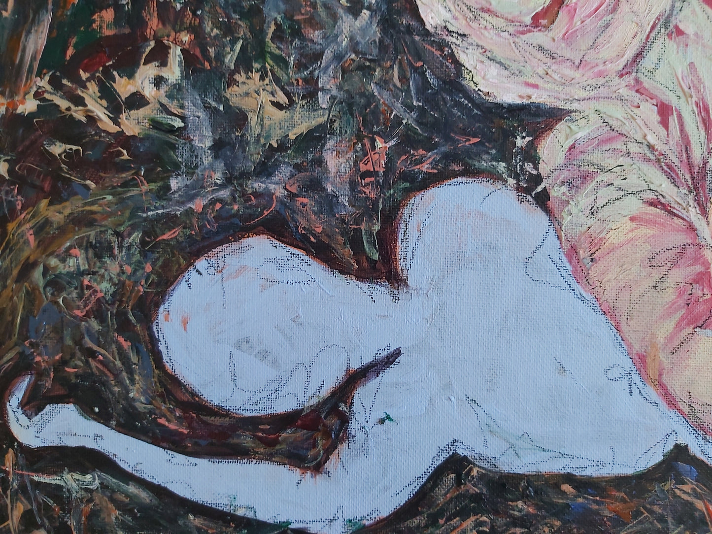 Detail of Narcissus's silhouette from Eco Flush Narcissus, 2023, by Audrey Néron. The figure is portrayed in muted yet striking tones, gazing deeply into his reflection. The abstract lines and textured layers emphasize his self-obsession and isolation, contrasting with the vibrant background to symbolize his detachment from the world around him.