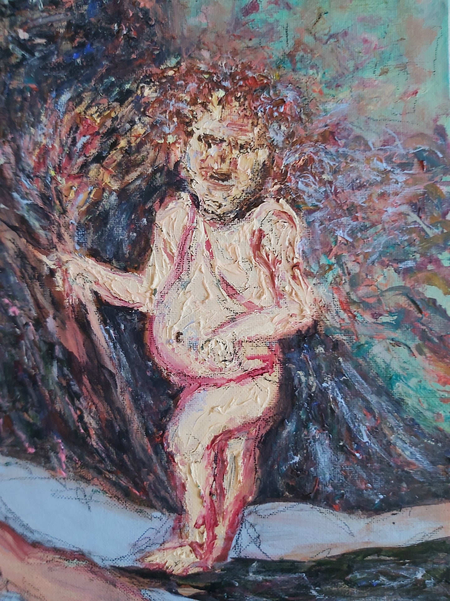 Detail of Cupid from Eco Flush Narcissus, 2023, by Audrey Néron. Cupid is depicted with dynamic, abstract lines and vibrant hues, symbolizing the complexities of love and desire. The figure blends seamlessly into the composition, with bold textures and vivid colors evoking both passion and the bittersweet nature of love.