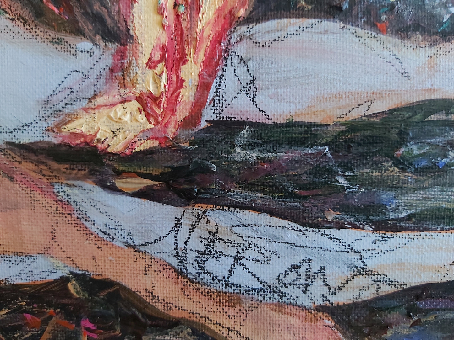 Close-up of Audrey Néron's signature on Eco Flush Narcissus, 2023. The signature, elegantly placed on the artwork, is a mark of authenticity, blending harmoniously with the textured layers and vibrant colors of the composition.