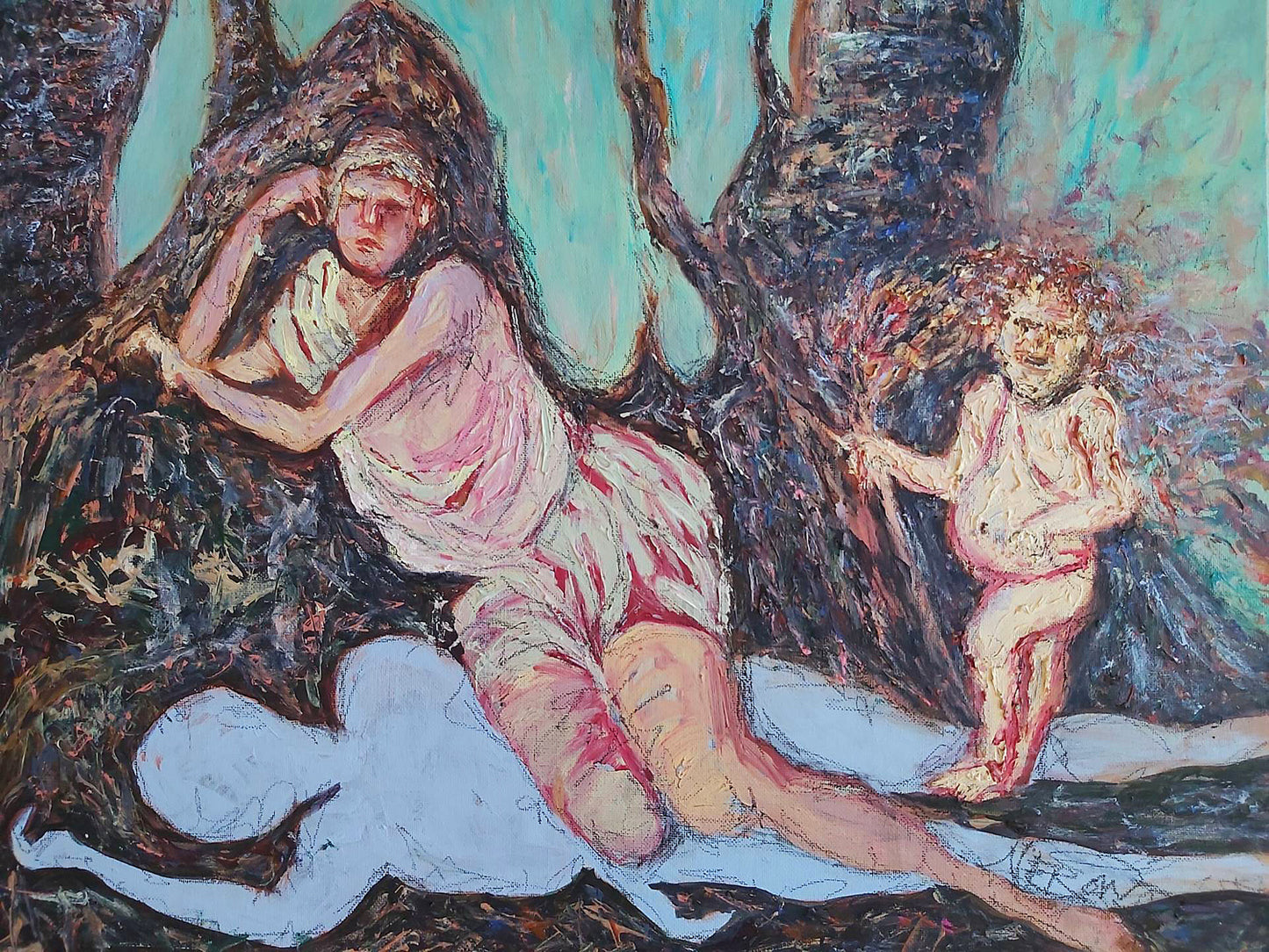 Eco Flush Narcissus, 2023, a contemporary artwork by Audrey Néron. Created with acrylic, oil, and China marker on canvas mounted on a wooden panel, this 16 x 20-inch piece reinterprets the myth of Echo and Narcissus with a modern twist. Vibrant colors and layered textures depict themes of love, self-obsession, and emotional liberation, blending abstraction and figuration in a unique composition.