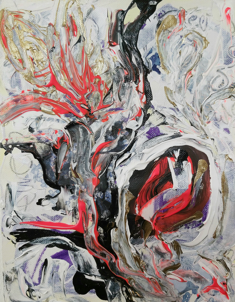 Abstract painting "Flammae Mundi" (2020) by Audrey Néron, featuring red and gold flames layered with black gestures and textured elements on canvas mounted on wood.