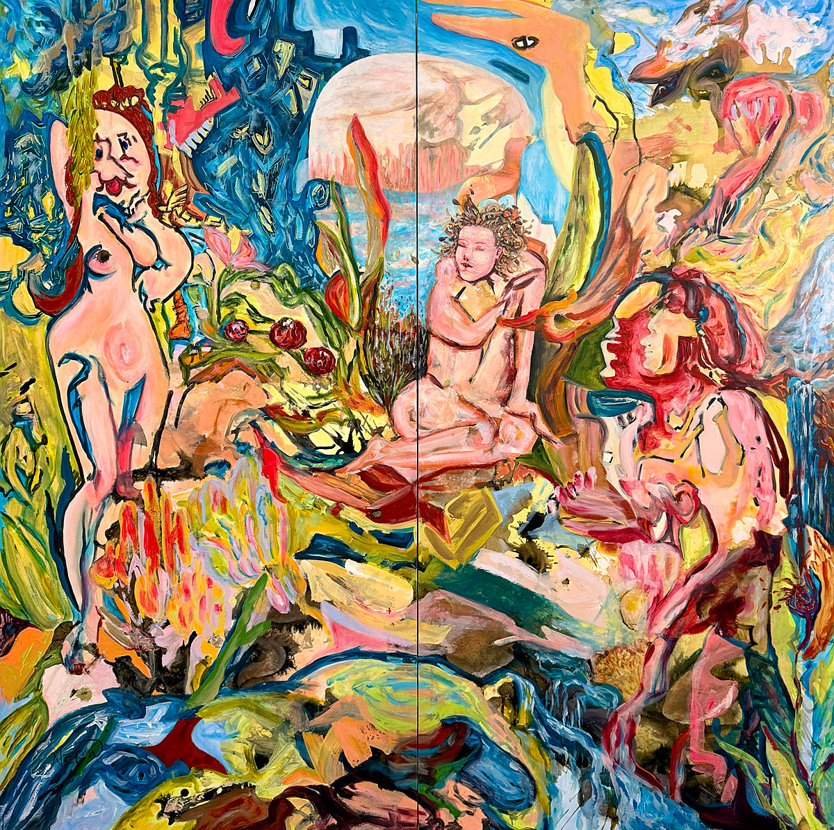 Colorful surreal painting depicting nude feminine figures in a lush dreamlike landscape, created by Audrey Néron in 2023. Acrylic, oil, and paint stick on paper mounted on wood panel.