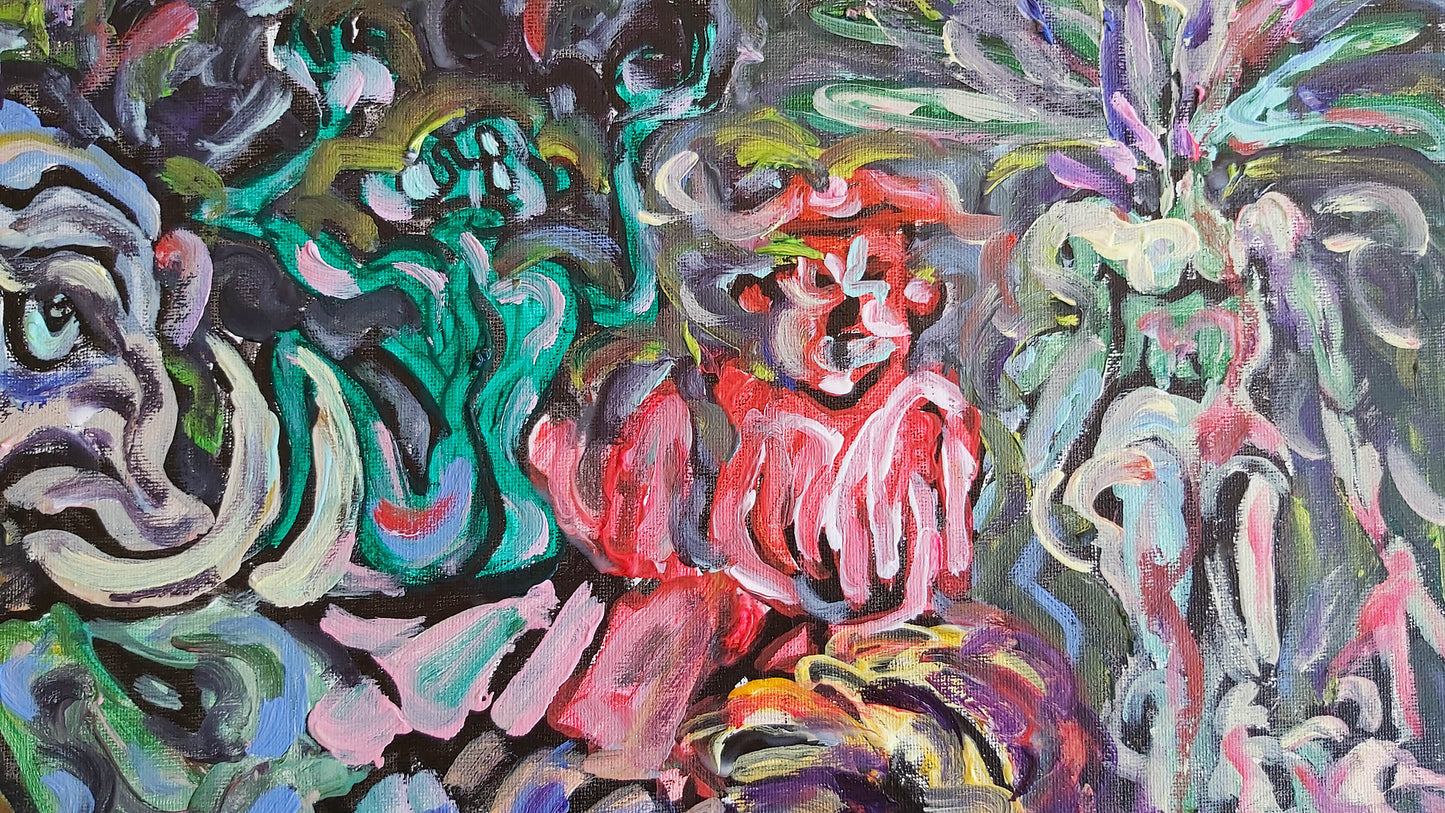This section highlights the vibrant interplay of red, green, and soft pastels in Audrey Néron’s Nature Ultione. The expressive brushstrokes and layered textures bring depth and dynamism to the composition, with abstract forms suggesting motion and emotion. The juxtaposition of bold colors and intricate detailing invites the viewer to engage with the artwork’s narrative of nature’s untamed power.