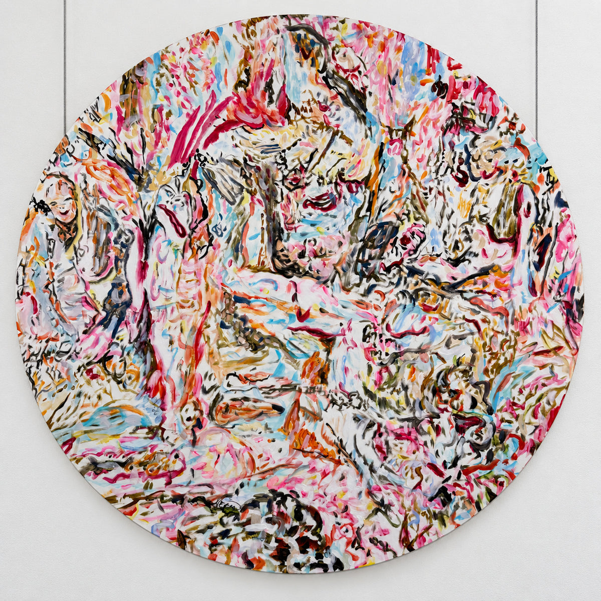 Bloom Nerve (2026) by Audrey Néron, acrylic on Canson paper mounted on wood, 30-inch tondo.