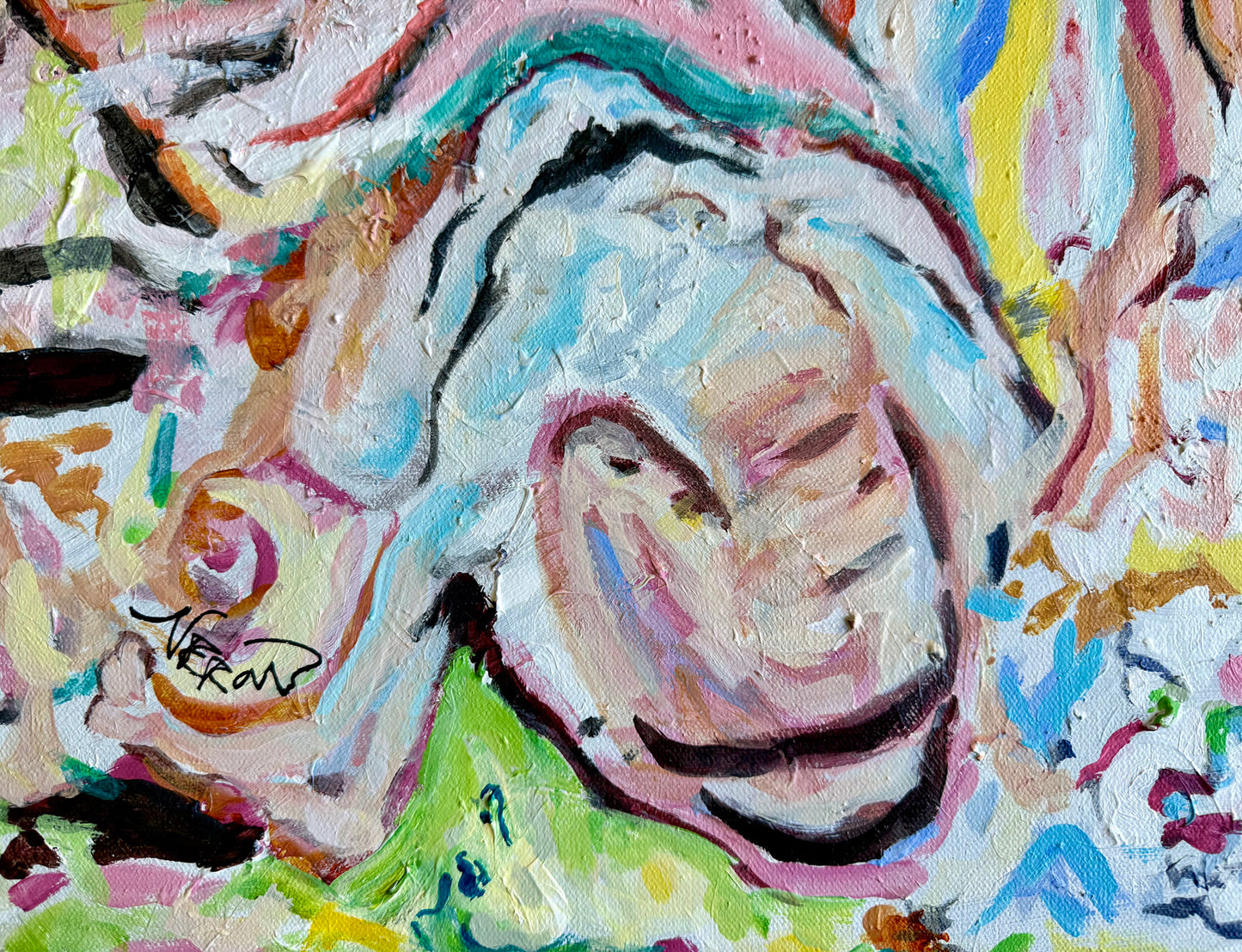 Close-up detail of Choir Drift (2026) by Audrey Néron featuring a pale fragmented form dissolving into layered pink, turquoise, cream, and black gestural brushstrokes