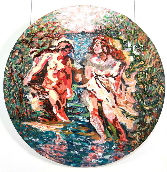 Round abstract figurative painting by Audrey Néron titled "Nexu Animi" (2024), featuring two intertwined human forms in crimson, blush, and green tones with embroidered pearls on canvas.
