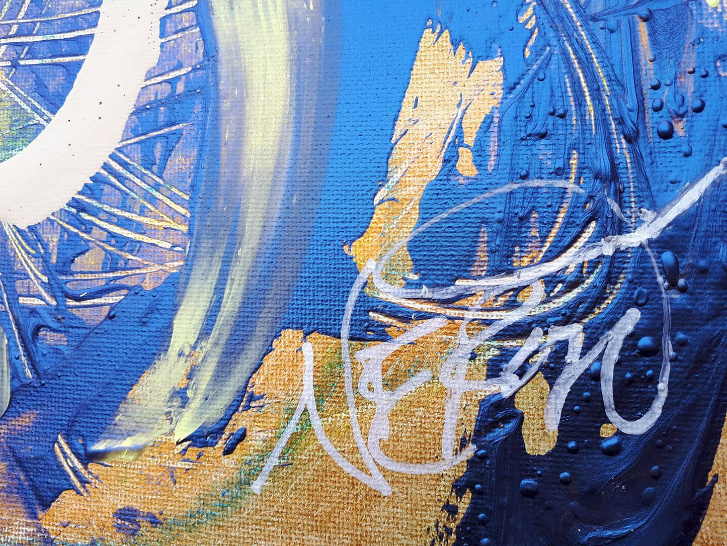 Close-up of Audrey Néron's signature on 'Oblivion' (2018), showcasing the artist's mark on the textured abstract composition.