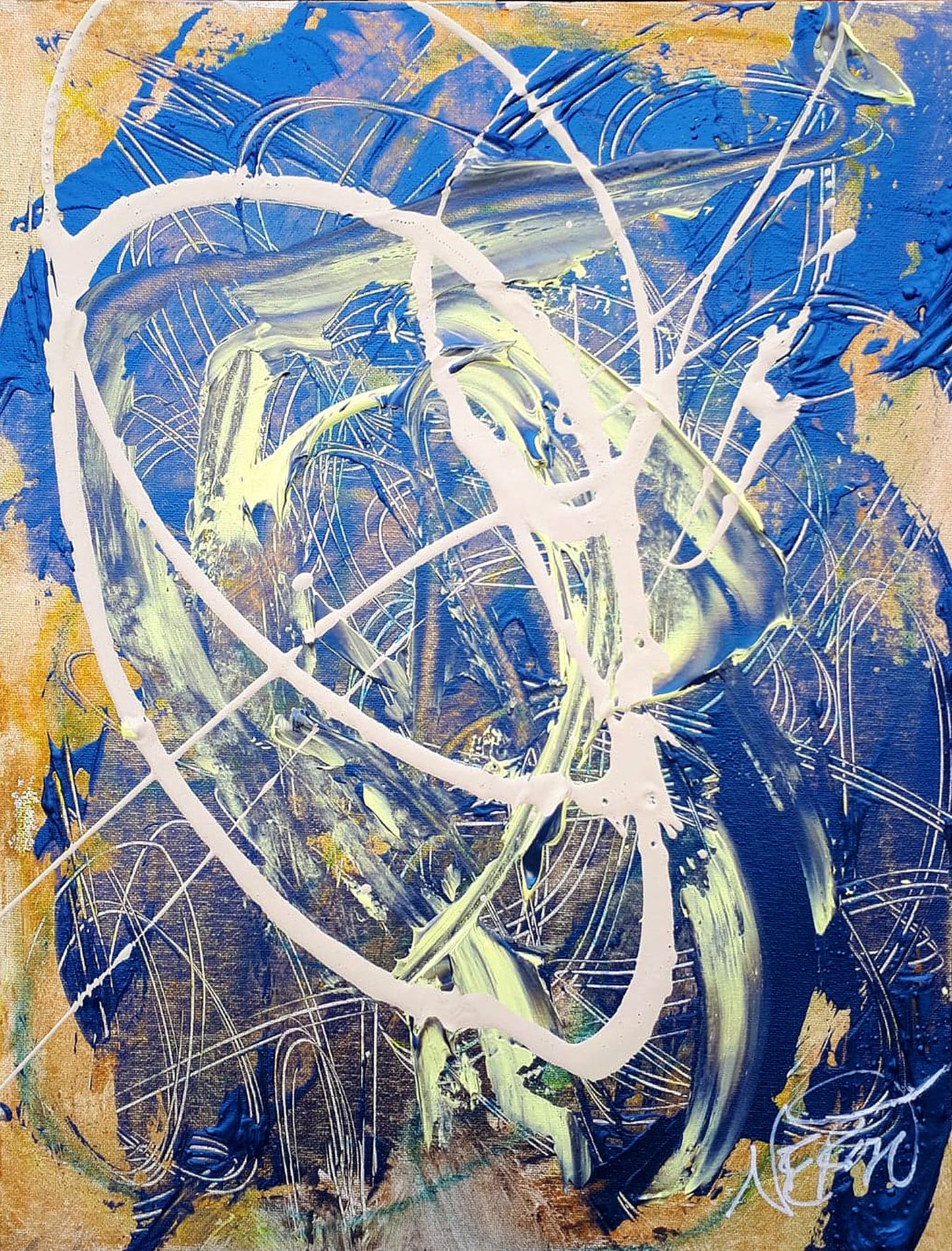 Oblivion (2018) by Audrey Néron – An abstract artwork featuring dynamic swirls of deep blues, spectral whites, and vibrant yellows, created with acrylic and pastel on canvas panel. The piece explores themes of memory, transformation, and impermanence.
