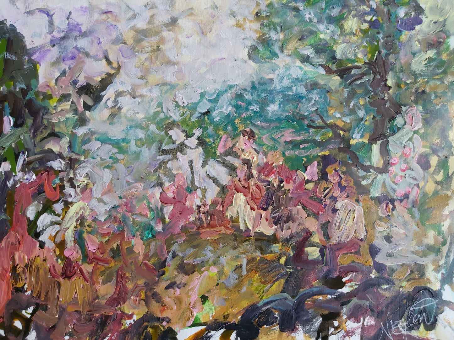 Rebel Angels” (2022) by Audrey Néron – abstract expressionist painting in acrylic and oil on Canson paper, 12 × 16 in, featuring swirling strokes in fiery orange, deep blue, and ethereal green, symbolizing conflict, resilience, and transcendence.