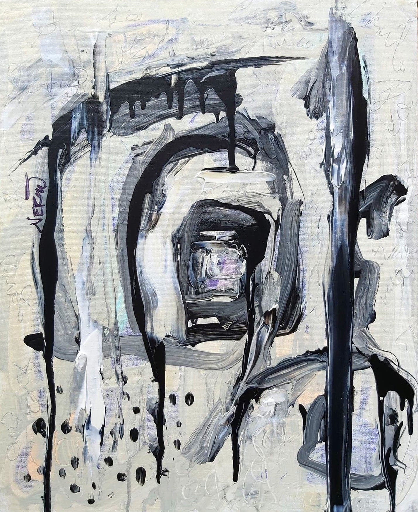 Abstract painting “Portaus” (2019) by Audrey Néron, acrylic, pastel, and graphite on canvas, monochromatic strokes suggesting a symbolic portal.