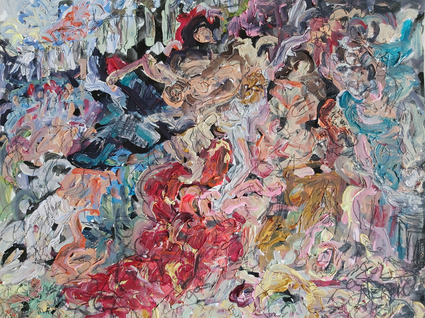 Expressive painting titled Pro Vita Pugnare by Audrey Néron, featuring a swirling scene of bodies and vivid colors, dominated by intense reds and blues, in a gestural and fragmented style.