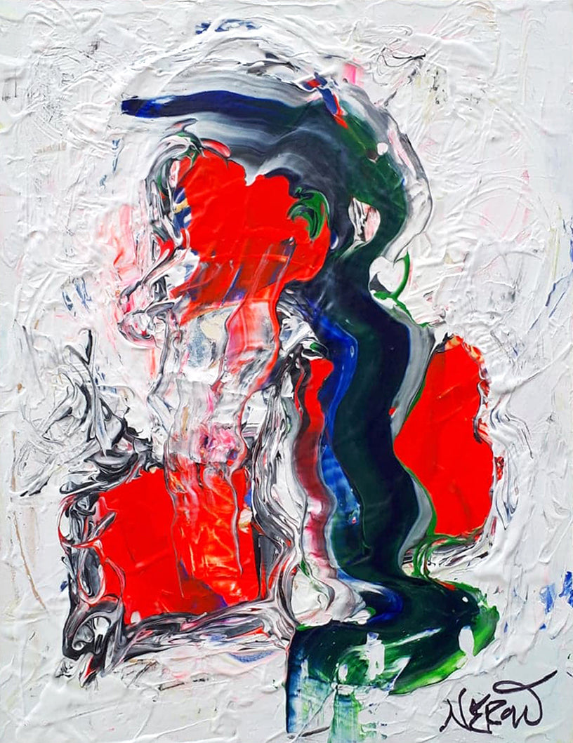 Reflect (2019) by Audrey Néron – Abstract painting featuring bold red strokes, graphite lines, and textured white space on canvas, framed in white.