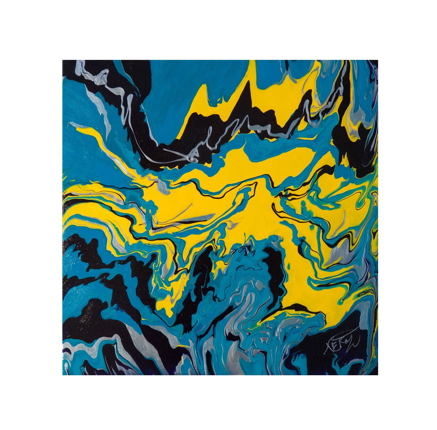 Tazen, abstract painting by Audrey Néron, created in 2017 with mixed media on canvas. A vibrant square composition (20 x 20 in) featuring swirling yellow, blue, black, and grey forms evoking fluid motion and natural forces.