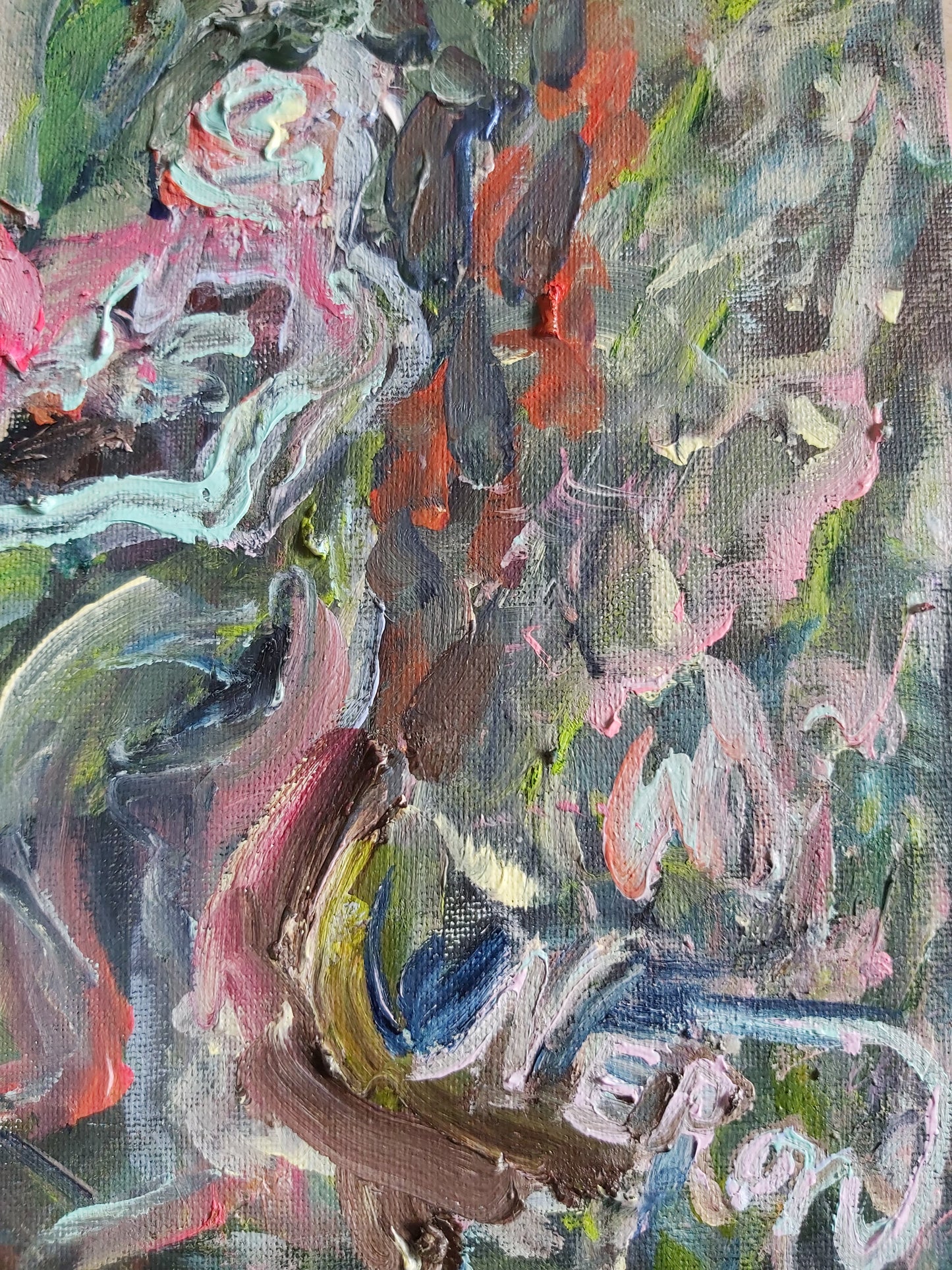 Close-up of textured brushstrokes and the artist's signature in The Swing, 2021, by Audrey Néron. Thick, sculptural layers of paint in pink, green, and white create a dynamic, gestural texture. The flowing, organic composition captures movement and depth, blending abstraction with vibrant energy. The artist’s signature is subtly integrated into the artwork, adding a mark of authenticity.