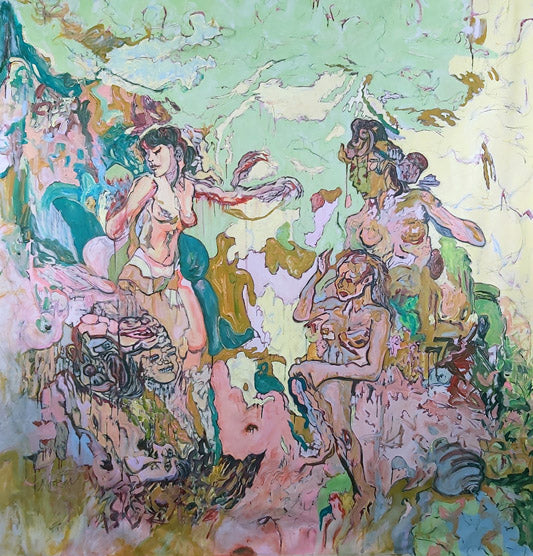Full view of "Transhumanist" (2023) by Audrey Néron, a large abstract figurative painting with hybrid female forms in soft greens, pinks, and earthy tones, featuring bold china marker linework on unstretched canvas