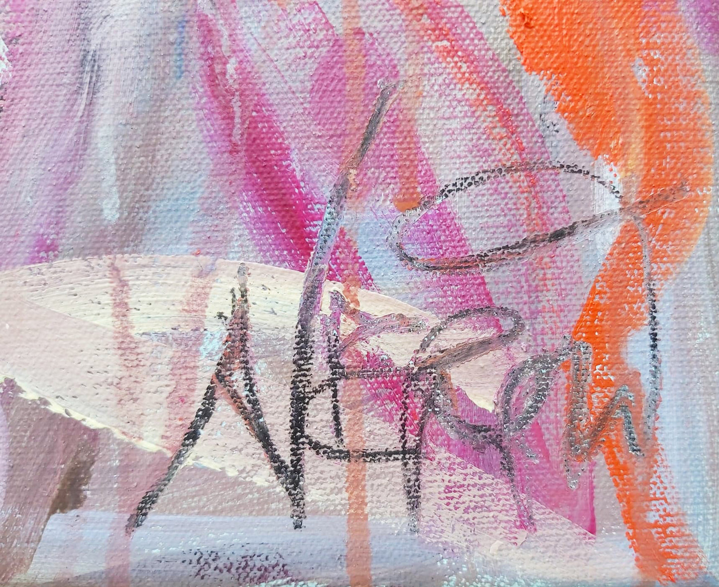 Close-up of Audrey Néron's signature on Venus and Time (2021). The signature is seamlessly integrated into the vibrant composition, blending with the textured brushstrokes and dynamic colors, serving as a mark of authenticity and artistic identity.