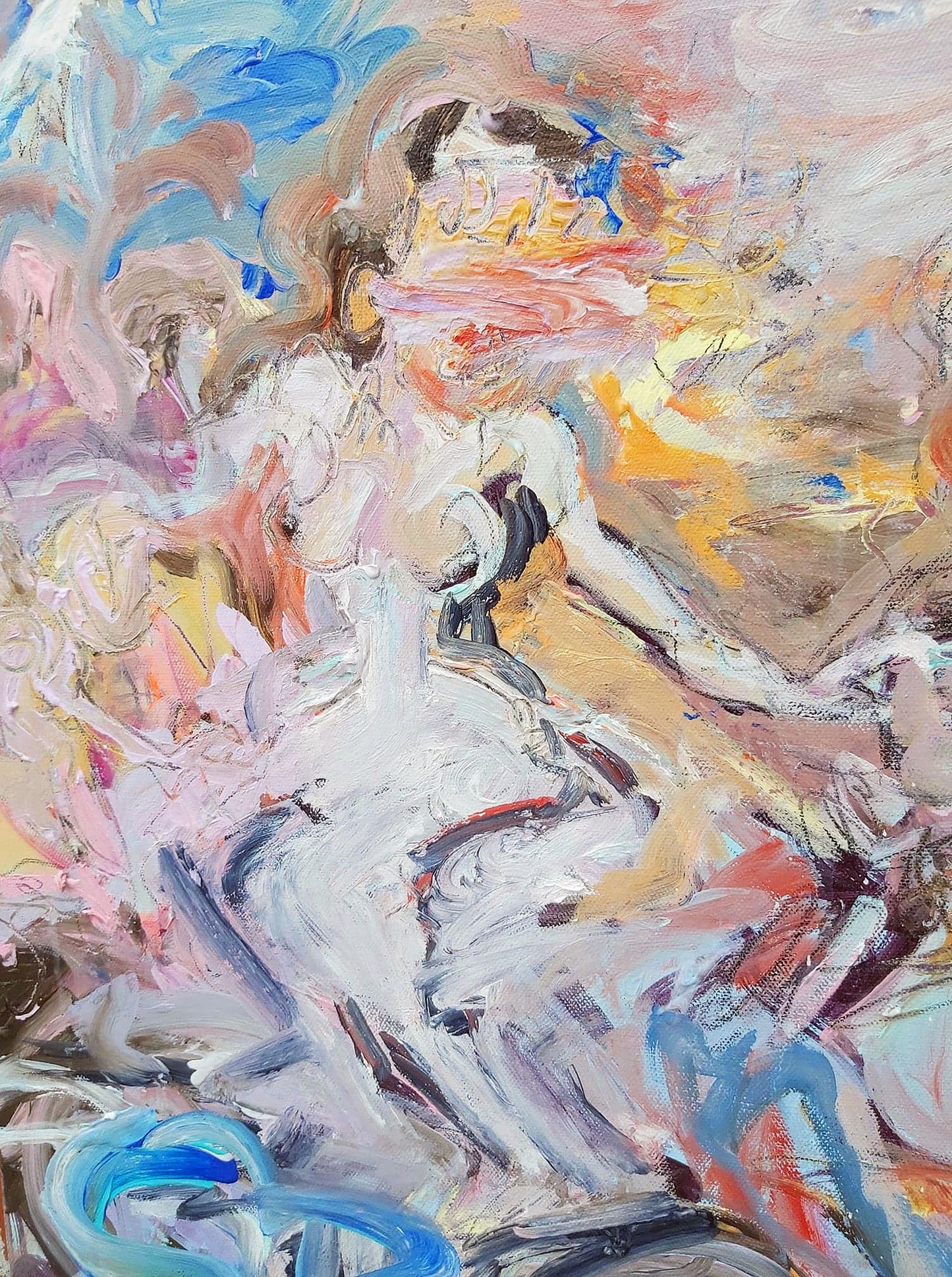 Close-up of Venus from Venus and Time (2021) by Audrey Néron. The figure is depicted with soft, flowing brushstrokes in pastel hues of pink, white, and gold, exuding grace and timeless beauty. Surrounded by dynamic textures and vibrant colors, Venus emerges as the central focus in this abstract reinterpretation of classical mythology.