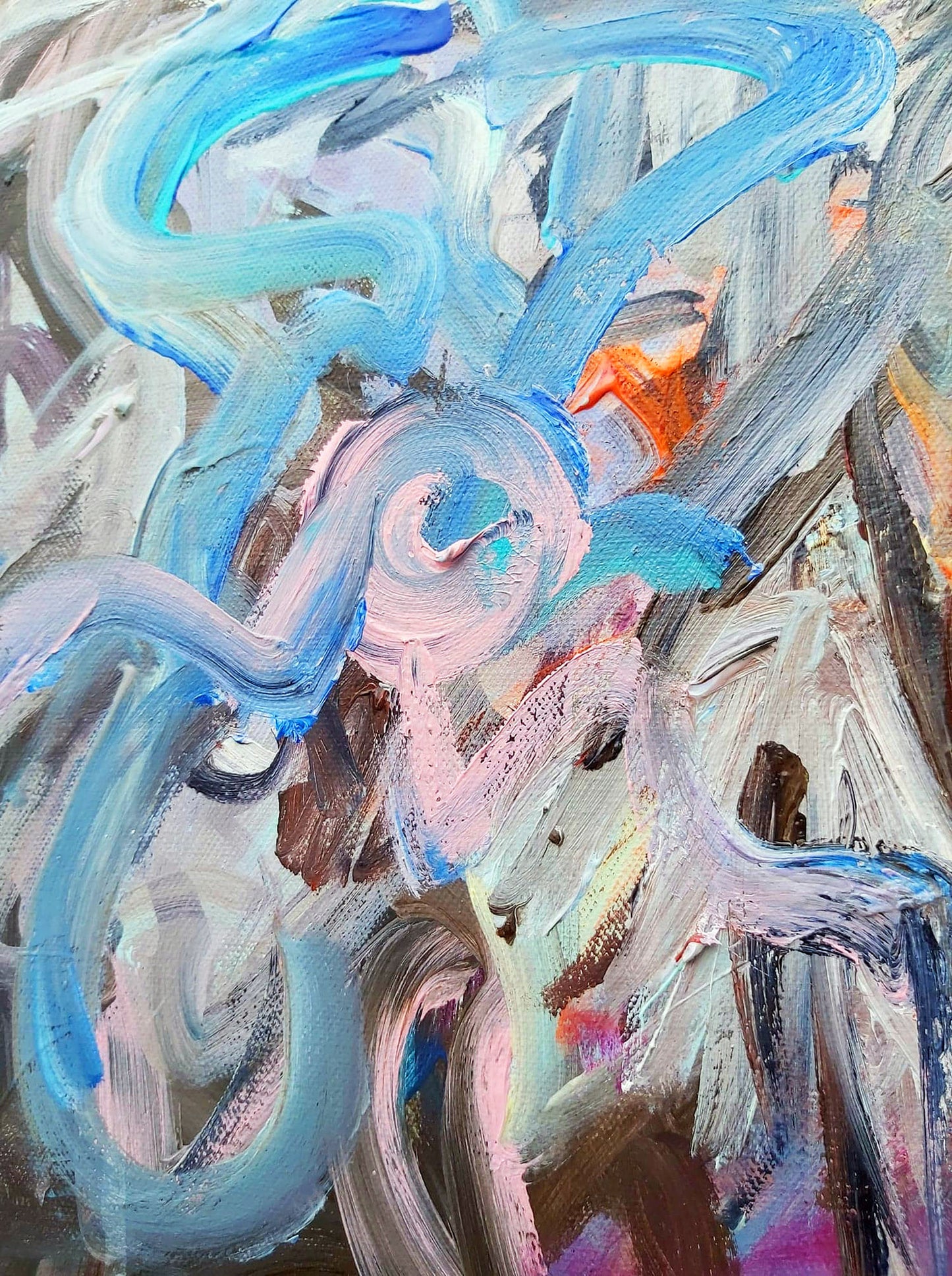 Close-up of textured brushstrokes in Venus and Time (2021) by Audrey Néron. Dynamic swirls of blue, pink, and brown create a sculptural, gestural texture. Vibrant and fluid strokes evoke motion and emotional depth, blending abstraction and mythology.