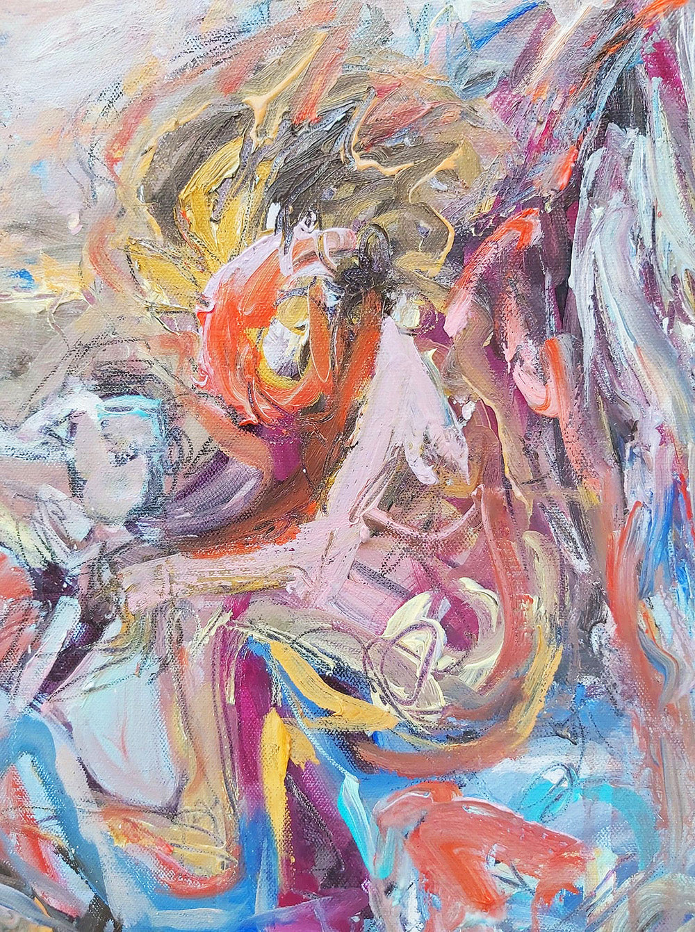 Close-up of a character in Venus and Time (2021) by Audrey Néron. The figure emerges in dynamic brushstrokes of orange, yellow, and pink, blending abstraction and figuration. Textural layers and vibrant colors evoke movement and emotional depth, connecting mythology to contemporary art.