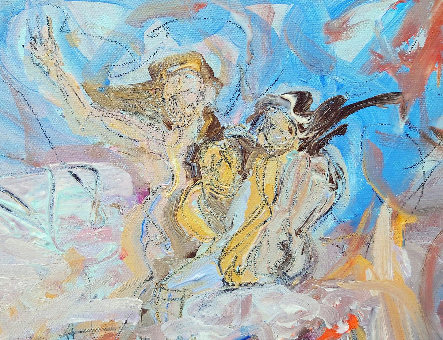 Detail of figures from Venus and Time (2021) by Audrey Néron. The abstracted characters, rendered in shades of yellow, brown, and white, stand against a vibrant blue background. Their dynamic gestures and expressive brushstrokes evoke movement and mythological themes, blending classical inspiration with contemporary abstraction.