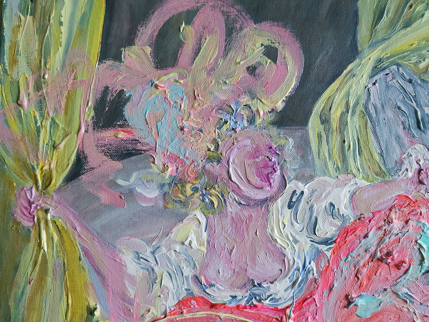 Close-up of the female figure in Fatal Attraction, 2021, by Audrey Néron. The character is depicted with soft yet expressive brushstrokes, partially dissolved into vibrant hues of pink, yellow, and blue. Her posture conveys tension and introspection, embodying themes of emotional struggle and fragility amidst the swirling abstraction.