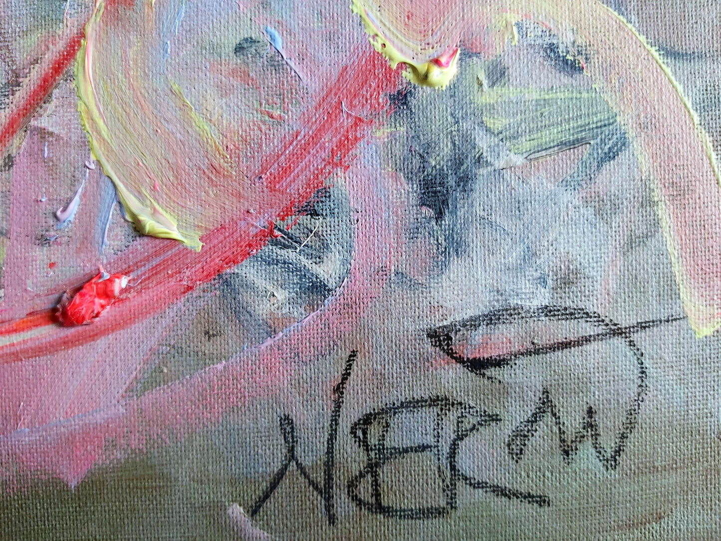 Close-up of Audrey Néron's signature on Fatal Attraction, 2021. The signature is subtly integrated into the artwork, blending with the textured layers of vibrant paint, serving as a mark of authenticity and artistic identity.