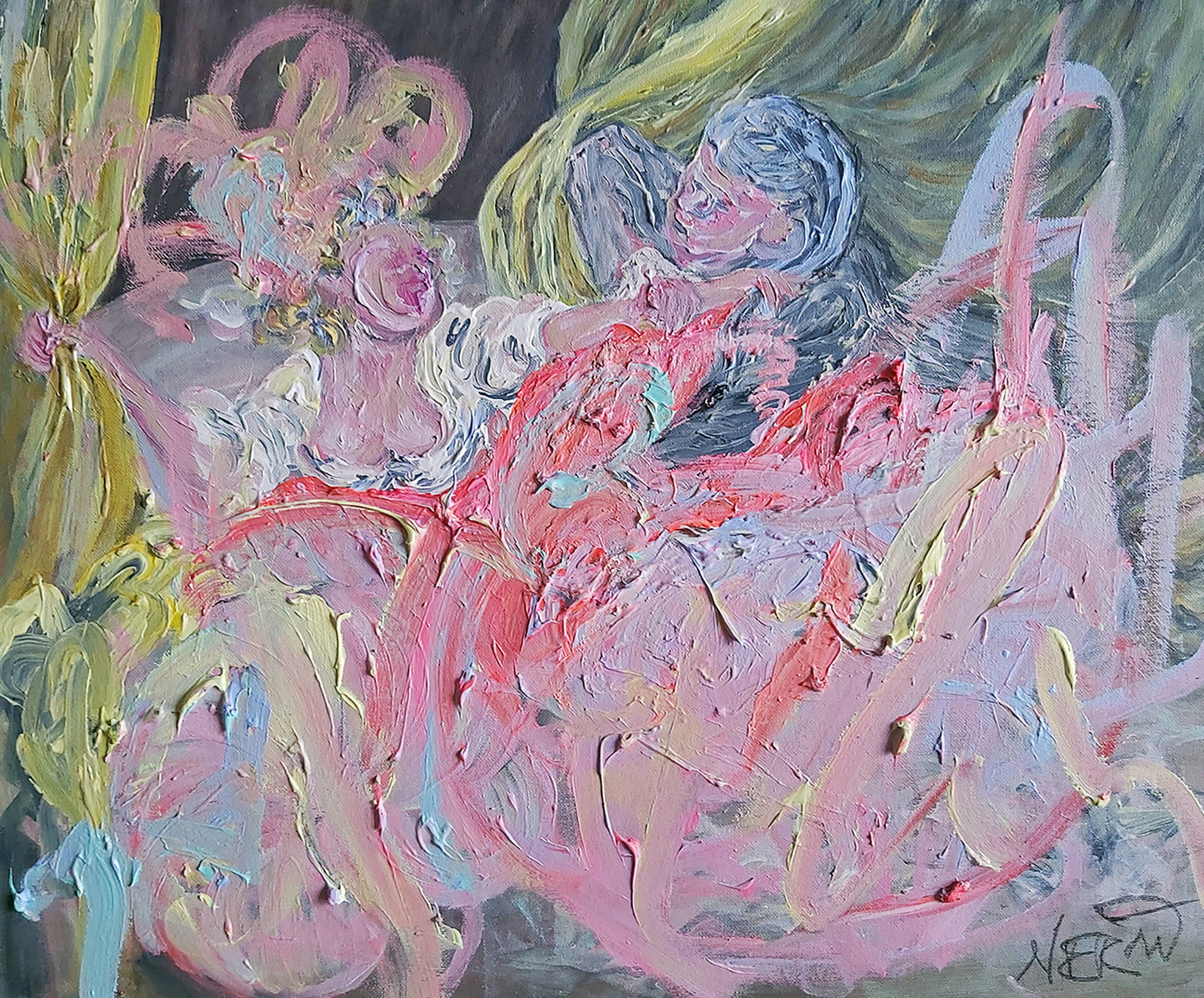 Fatal Attraction, 2021, a contemporary artwork by Audrey Néron from the Humans Landscape series. This acrylic and oil painting on canvas board features a dynamic blend of pastel pink, yellow, and blue hues with thick, sculptural textures. Human forms emerge amidst abstract, swirling colors, evoking themes of tension, attraction, and fragility. Dimensions: 50.8 x 60.96 cm (20 x 24 inches).