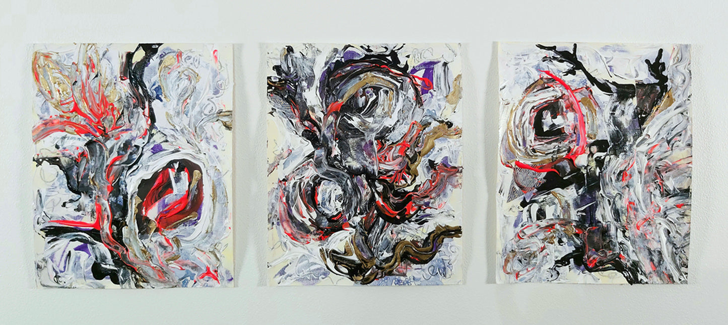Triptych view of abstract paintings "Flammae Mundi," "Serpentis Ignis," and "Arbor Vitae" (2020) by Audrey Néron, featuring bold gestural strokes in red, black, white, and gold on textured canvas with mixed media elements.