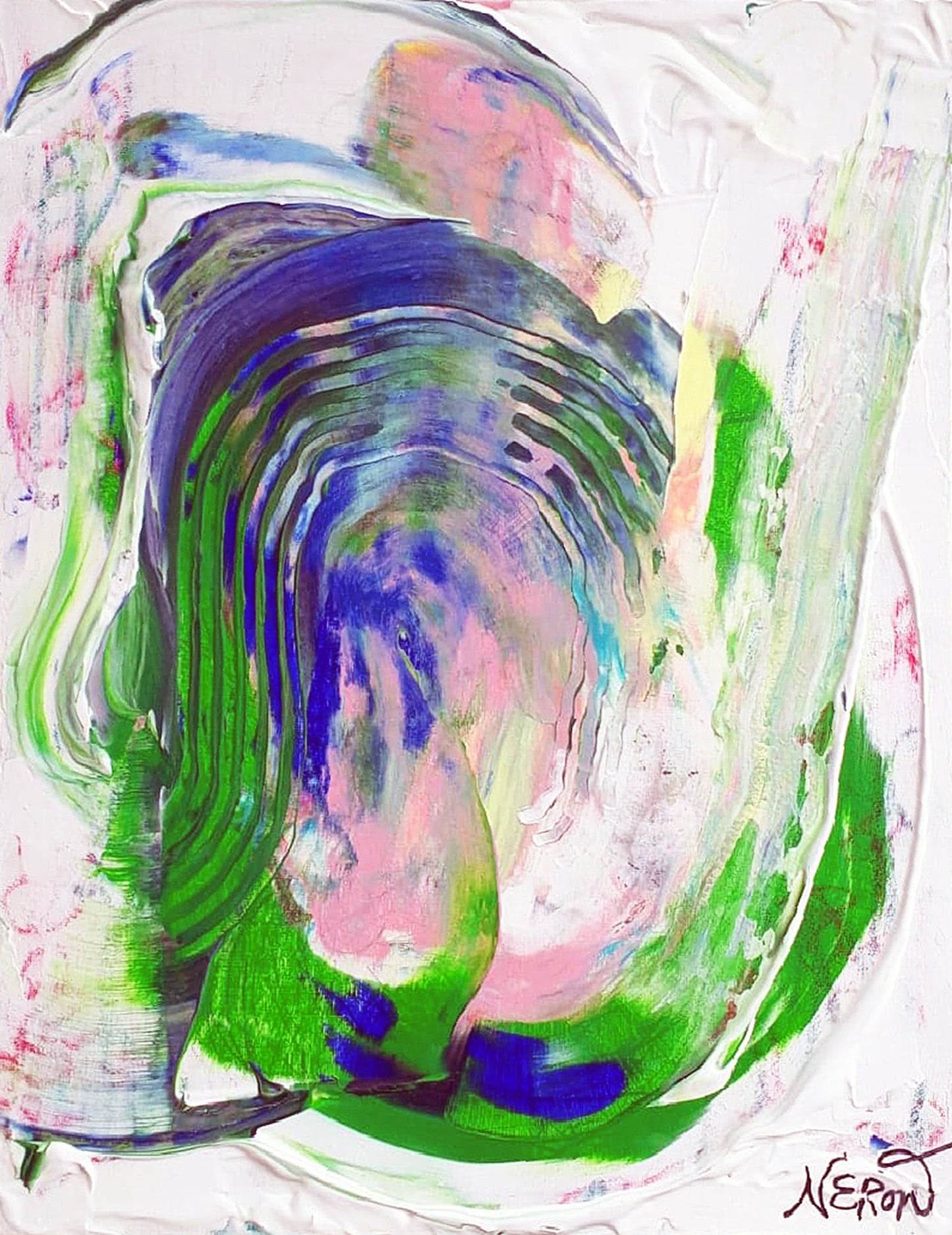 Green Sun (2018) by Audrey Néron – abstract acrylic and graphite painting featuring green, pink, and blue tones with fluid gestures on framed canvas board.
