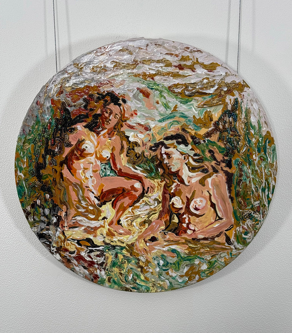 Nexu Corporis (2025) by Audrey Néron, acrylic, collage and embroidered pearls on round wood panel, 16 in diameter.