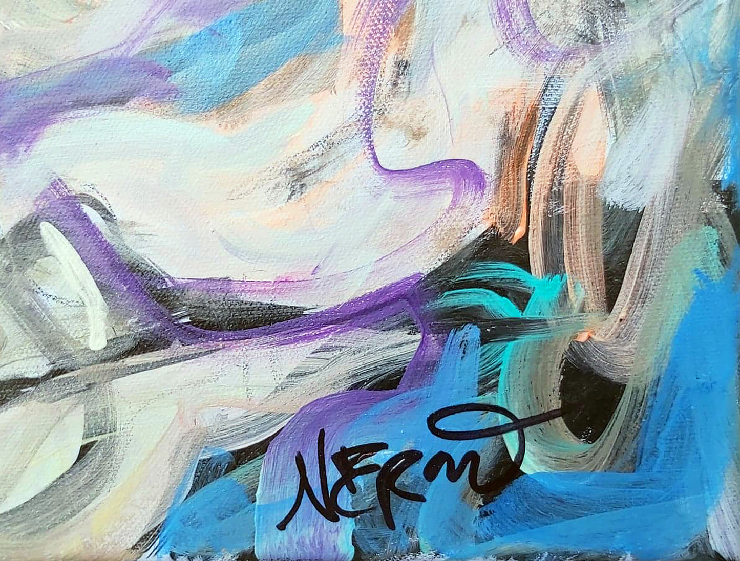 Close-up of Audrey Néron's signature on The Abduction of Europa (2021). The signature is seamlessly integrated into the composition, surrounded by vibrant brushstrokes in shades of purple, blue, and white, marking the artwork’s authenticity.