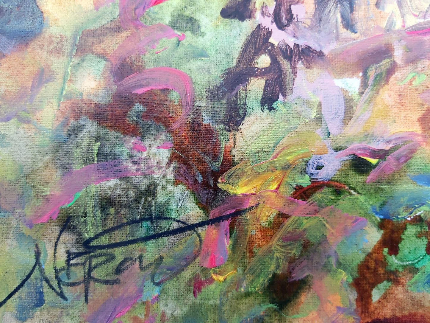 Close-up of Audrey Néron's painting The Island of Love (2023), featuring a dreamy fusion of vibrant pinks, greens, and earthy tones, with dynamic abstract forms evoking human figures, foliage, and a whimsical landscape. Acrylic and oil on textured d'Arches paper.